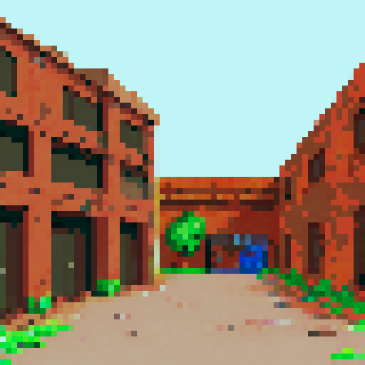 worn and weathered, industrial excavation building, rusty metal beams, cracked concrete walls, broken windows, pixel art