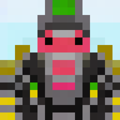 man with long, tied black hair, thick black beard, and black hoop earring in his left ear, chest up, wearing dark gray T-shirt, black denim vest, acid green and magenta background with sci-fi cityscape, game icon, 16x16, pixel art, close up, portrait