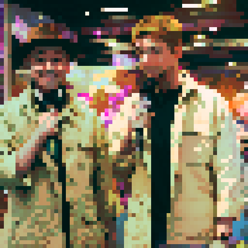 adventurers exploring a vibrant and mystical forest, surrounded by towering trees and sparkling streams, capturing their awe-struck expressions with vintage microphones, highlighting their friendly camaraderie through smiles, all depicted in a breathtaking landscape portrait with intricate character designs, showcasing the beauty of pixel art in every meticulously detailed element