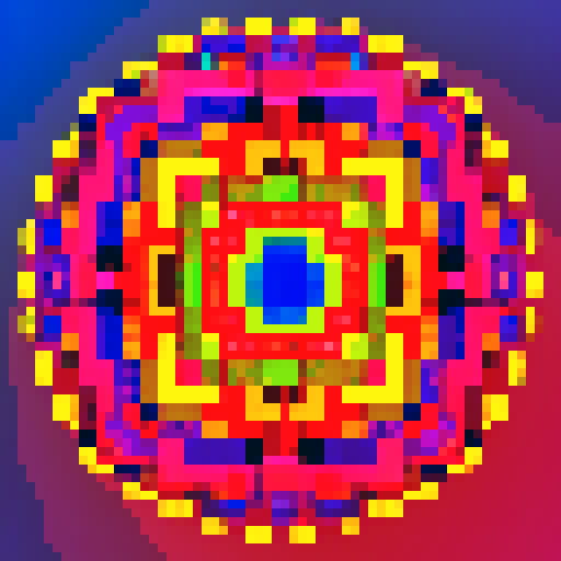 TSMC 7nm process circular wafer, vibrant colors, intricate patterns, retro video game vibes, low resolution, blocky pixels, glowing edges, vivid hues, 8-bit aesthetic, digital art style, symmetrical design
