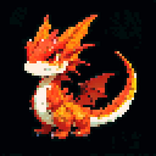 A medium-sized dragon with shimmering red and orange scales. Its wings are fully developed, and it has a fierce expression with flames flickering around its mouth. Its eyes glow with an inner fire, and it stands ready to unleash its fiery breath. No background.
