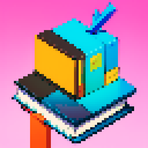 books icon, vibrant colors, retro aesthetic, pixelated design, minimalistic style, symmetrical composition, 8-bit graphics, book stack, bookshelf, vintage look, sharp edges, bold outlines, high contrast, limited color palette, small details, square format, textured background, nostalgic feel