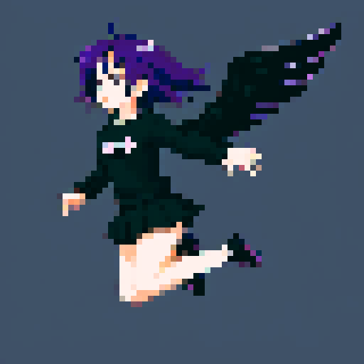 Purple Haired anime girl wearing black clothes with a black angel wing, running