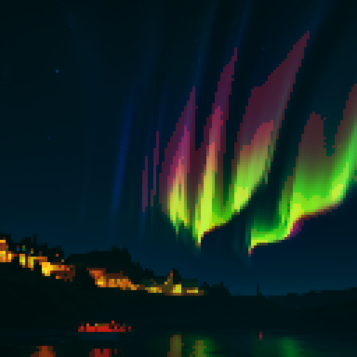 beautiful dramatic aurora borealis over an adorable town at night by Miyazaki
