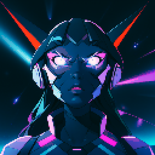 spaceship, futuristic, sleek, metallic, floating, inky black background, vibrant neon lights, retro-futuristic, angular, pixelated, glowing engine, starry sky, low-poly, geometric shapes, 8-bit, vibrant color palette, glowing cockpit windows, exhaust trails, cosmic, otherworldly