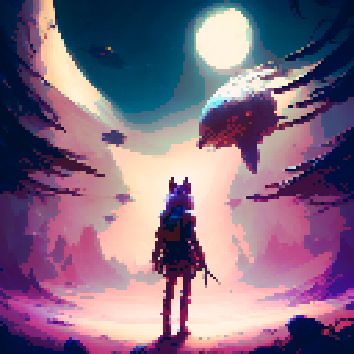 Furry wolf with piercing yellow eyes, standing beside a determined girl with a sword, amidst a mystical forest of glowing mushrooms and floating orbs