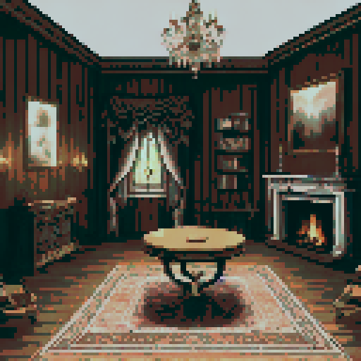 elegant chairs, table, empty fireplace, mounted deer head, haunted mansion interior, sRGB, pixel art, background 