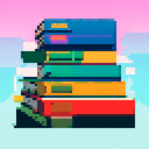 books icon, vibrant colors, retro aesthetic, pixelated design, minimalistic style, symmetrical composition, 8-bit graphics, book stack, bookshelf, vintage look, sharp edges, bold outlines, high contrast, limited color palette, small details, square format, textured background, nostalgic feel