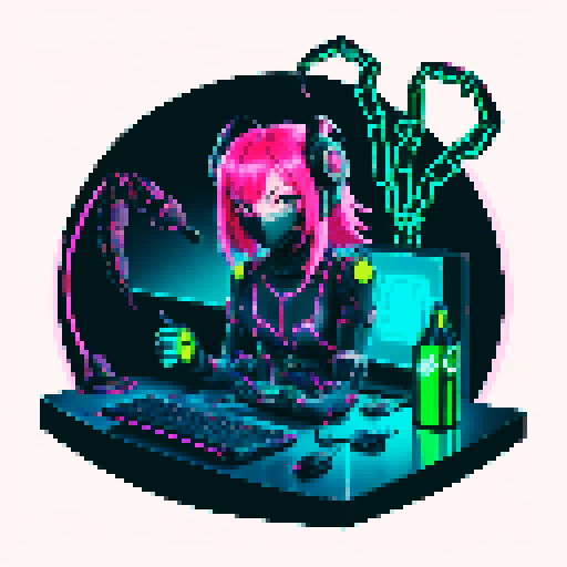 cute cyberpunk scorpion with human head, human head is from anime inspired character with vibrant hair, expressive eyes, a playful smile, and a mouth mask, scorpion is playing computer games, tables with potato chips and coca cola, scorpion's tail should be fully in the picture, bright yellow and cyan and pink lights