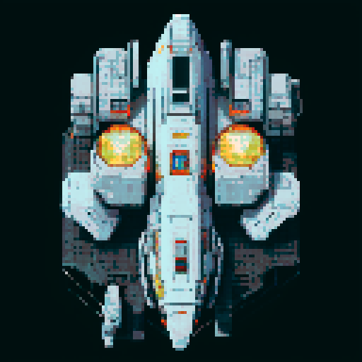 2d Spaceship in empty space, metallic exterior, retro aesthetic, pixelated details,blinking lights, wireframe outlines, geometric shapes, low-resolution textures, pixel art style, sRGB color space View from above.  For a spaceship designed for stealth or reconnaissance missions, use dark grays, deep blues, and black, with minimal highlights in red or orange for the thrusters and running lights. This palette suggests a more militaristic or secretive function.