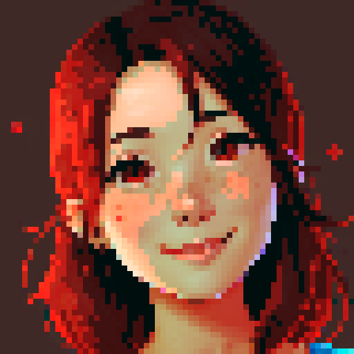 stardew valley-inspired, asian woman, pixel art, sRGB, vibrant colors, rustic backdrop,  dark hair with red streaks, glowing skin, gentle smile, freckles, rosy cheeks