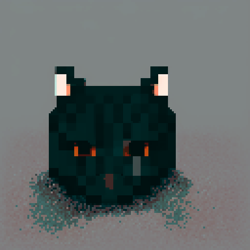 Pixel art depiction of a bloody, partially exposed skull of a dead black cat in a closeup shot of its face.