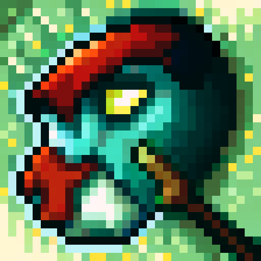 pixel art close up portrait, llama, black bowler hat, red metallic background, game icon, 32x32 skill art