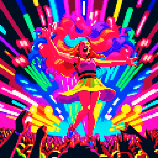 Solo vocalist with flowing locks, clad in a vibrant, retro-inspired outfit, passionately singing under the glow of neon lights, captivating a crowd of enraptured fans, their hands raised high, as pixelated fireworks burst in a vivid sRGB color palette