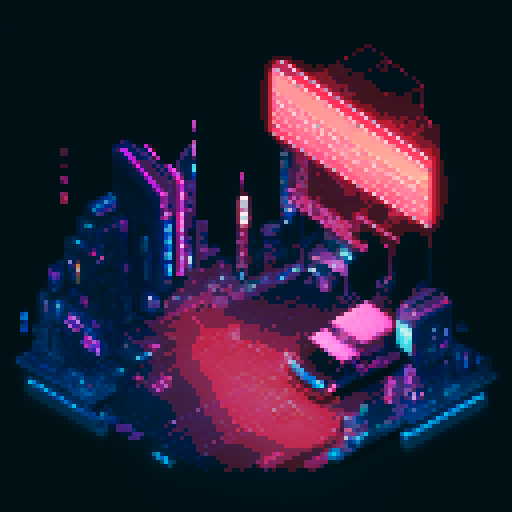 isometric 3D perspective, anime girl hovering in street, Japanese cyberpunk, neon lights, futuristic cityscape, dark colors, pixel art
