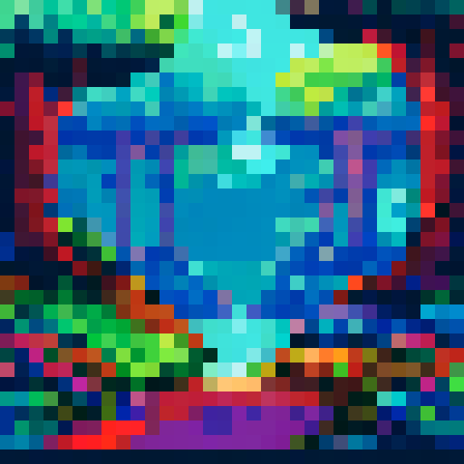 pixelated tree, vibrant colors, dense foliage, towering branches, whimsical atmosphere, serene background, scenic landscape, nostalgic aesthetic, intricate details, 8-bit art style