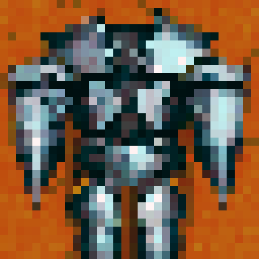Shining silver pauldrons, emblazoned with a golden sun, sit atop a suit of jet black armor, adorned with intricate etchings of mythical creatures, all depicted in a 32x32 pixel art style fit for a game asset, with vivid sRGB colors that bring the armor to life