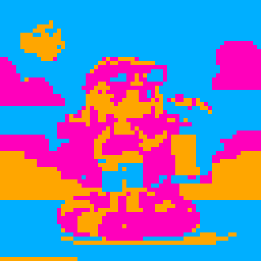 girl with vibrant pink hair, oversized sunglasses, holding a tropical fruity cocktail with a tiny umbrella, surrounded by colorful beach towels and inflatable pool toys, against a pixelated sunset backdrop