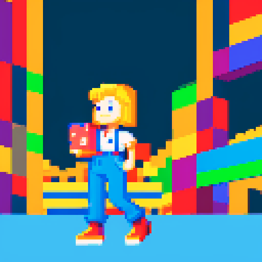 young, warehouse female worker, Amazon Germany, pixel art, vibrant colors, retro aesthetic, busy conveyor belts, stacks of packages, robotic arms, barcode scanners, glowing computer screens, pixelated logo, energetic motion lines, pixelated Amazon logo, German flag colors
