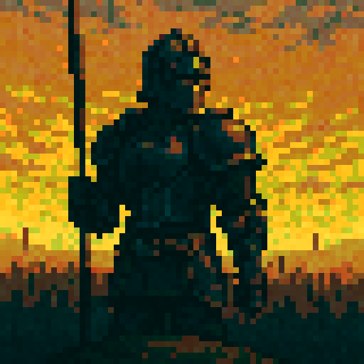 Fire Emblem male soldier, dark armor, covered helmet, standing above army, top hill, sRGB, pixel art