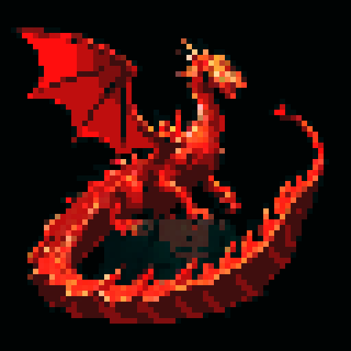 silver dragon, red scales, fire-breathing, dark environment, pixel art, sRGB