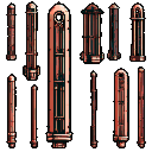 I want a tall vertical copper structure reminiscent of a organ pipe. It should have strange mechanical details that could interlock with each other. I also want this object usable an asset in a videogame, meaning only one object per image, outlined with a strong black stroke, on a solid-color background.