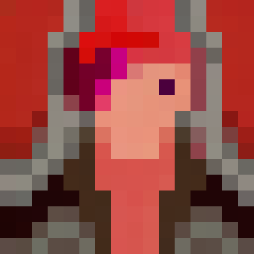 Shalltear Bloodfallen, with her crimson hair and piercing eyes, portrayed in a pixel art game icon style, featuring a close-up, 16x16 pixel portrait