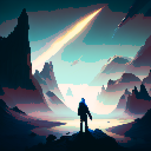 A stylized, minimalist illustration. 

Gray-haired and blue-eyed, the asocial and lonely figure stood atop a mountain peak, basking in the euphoric glow of the setting sun.