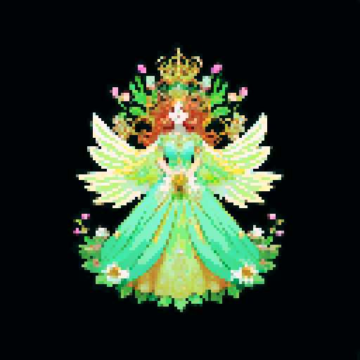 A regal, majestic creature with a crown of flowers, large wings, and a gown made of petals. It has a commanding presence and glowing eyes, radiating an aura of elegance and authority. No background.
