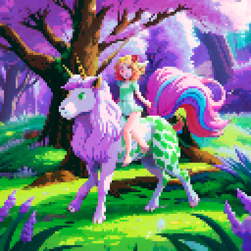 wild faun-unicorn woman, vibrant colors, playful demeanor, forest guardian, full body with a lion tail, emerald greens, pastel lavender purples, bathed in moonlight, clear details