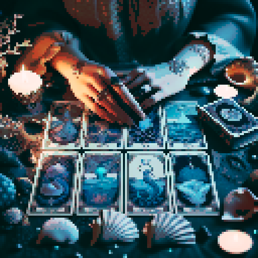 A close-up of a woman's hands over a table during a tarot card reading in a medieval dark style. The table is adorned with elements of the ocean such as sea shells, sand, and small pieces of coral. The atmosphere is mystical and dimly lit, with candlelight casting shadows that enhance the eerie and magical mood. The woman's hands are gracefully poised over the cards, which also have oceanic designs like waves and mermaids.