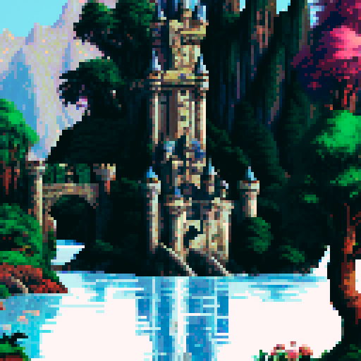 A majestic castle with tall turrets and a moat, surrounded by lush green trees and a sparkling river, all depicted in vibrant, retro pixel art reminiscent of classic RPG games