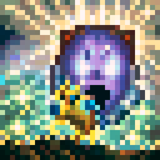 A pixelated portrait of a euphoric gamer with glowing eyes, sweat dripping down their forehead, and a wide grin on their face, surrounded by skill icons and power-ups, all in the vibrant hues of sRGB