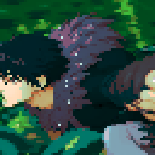 (Masterpiece, top quality, best quality), singular pixel art portrait featuring anime male with black spiky hair with creature attached to body , with weapon