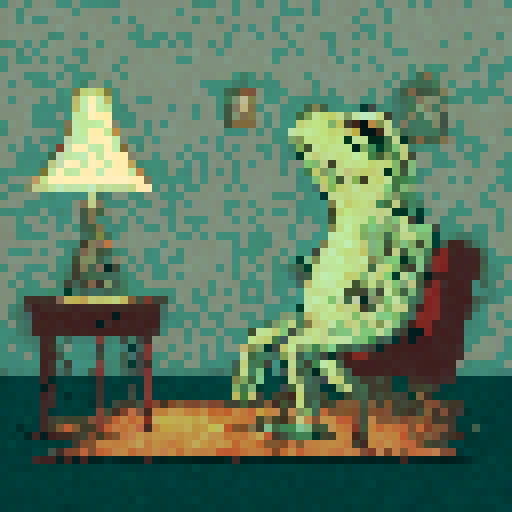 In the cozy ambiance of a dimly lit room, a small, jovial frog perches comfortably upon a plush couch chair, its diminutive size emphasized by the vastness of the furniture. The flickering flames of a nearby fireplace cast a warm glow, enveloping the space in a soft, golden light, creating an atmosphere of comfort and relaxation. With a mug clasped delicately between its tiny webbed fingers, the contented frog takes a sip of steaming coffee, its expression reflecting pure bliss. Grandma house