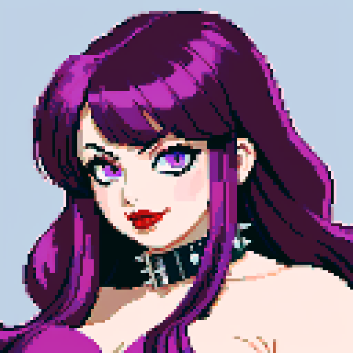 Thicc, busty goth girl, long purple hair, eyeliner, red lipstick, nude breast, spiked collar, up close face portrait, vibrant sega genesis palette, nude pixel art portrait,