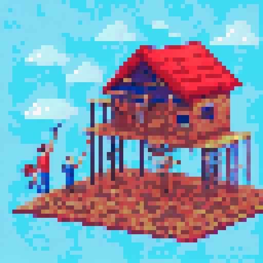 trying to build a house, but the structure is all crooked and falling apart. One person is holding the blueprints upside down, another is hammering nails into thin air, and another is trying to saw a board with a hammer. In the background, there are piles of wood and tools scattered everywhere. Above the group, write "Our Team at Work!" in big letters.