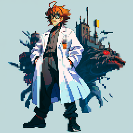 mad scientist facing left, lab coat, goggles, full-body image, pixel art, sRGB, no backdrop, no background