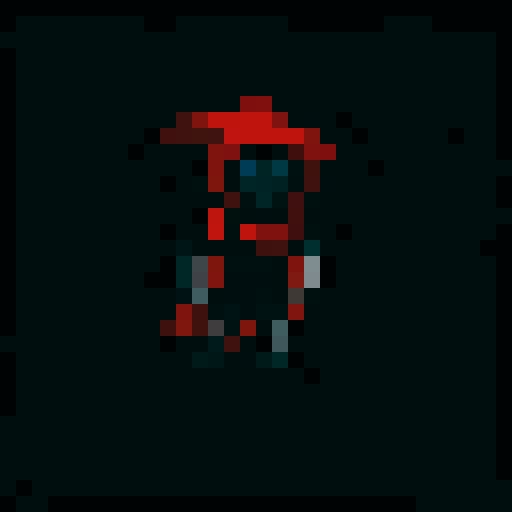 Read cloaked mage with hidden face and dark eyes. body, hands and legs are black