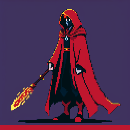 warlock, spellcasting, arcane symbols, glowing staff, swirling dark energy, fiery red eyes, billowing cloak, ancient book, mystical aura, magical runes, pixel art, sRGB