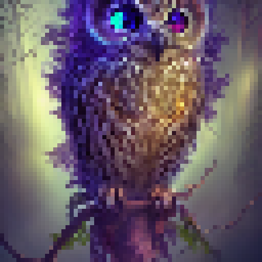 Half-owl, half-man, perched atop a towering tree branch, his iridescent feathers shimmering in the moonlight as he gazes down upon the mystical forest below, filled with glowing mushrooms, fireflies, and twisted vines.