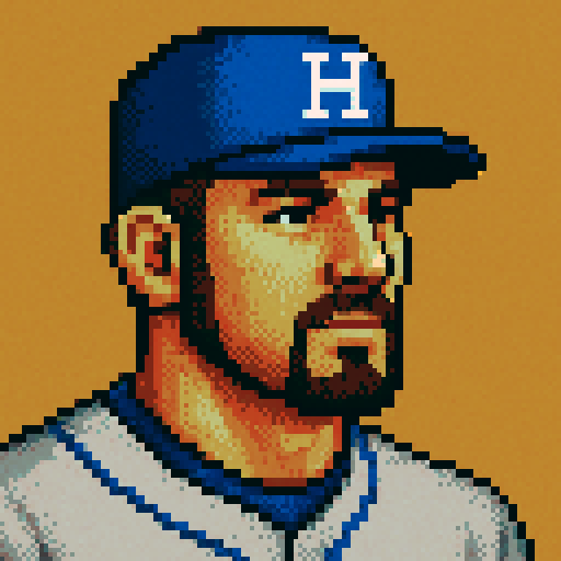 Can you make an profile picture of a baseball player? Pixel perfect pixel art. The level of detail should be similar to that of Sonic of the Hedgehog. Use dithering and anti-aliasing when needed. Make the player like the health UI character from Wolfenstein 3d. Give him a neutral expression. His jersey should be gray with blue accents. His had should be blue with white accents.  Can he have sideburns and a goatee?