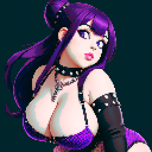 Low angle picture of Thicc, curvy, busty goth girl with studded collar, long purple hair in buns, fishnet stockings, studded halter top. sRGB
