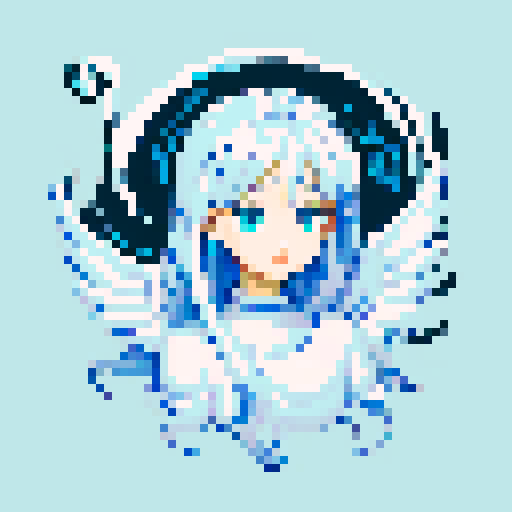 Beautiful, ethereal angel with shimmering wings and flowing, liquid-like chrome body, rendered in minimalist pixel art with vibrant, dazzling sRGB colors
