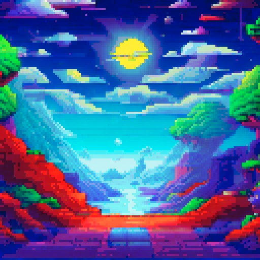 celestial skywalk, sun, moon, stars, planets, blues, light blues, purples, night time, cloud platforms, swirling lights, sRGB, pixel art, background, landscape