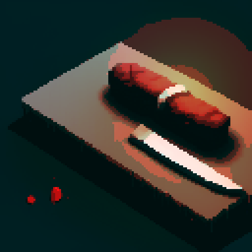 blood soaked knife on a dirty table, gritty, no characters, no people, knife on a table, blood, dirty