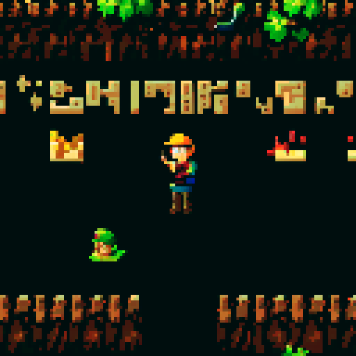 archaeologist with rugged explorer attire, wielding a trowel as big as a sword, surrounded by lush greenery, a pixelated forest, vibrant wild animals, reminiscent of NES Zelda, NES color pallete