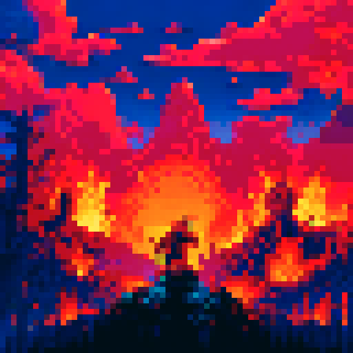 Hero standing tall amidst a fiery landscape, with pixelated flames flickering in the background and a horde of defeated monsters at their feet