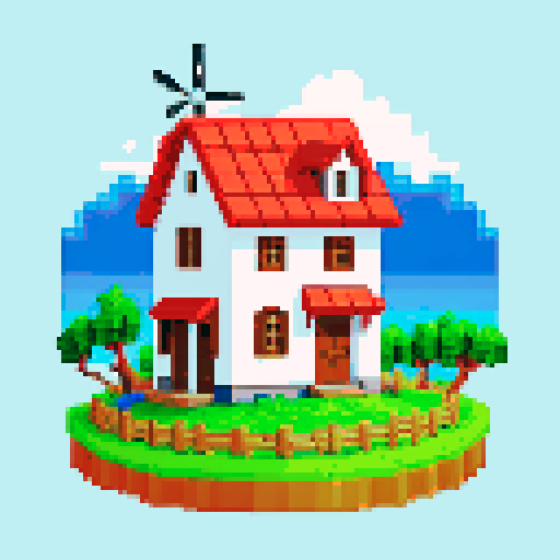 Country side Puerto Rican house in the mountains with a small white electric generating windmill near by and banana plantation