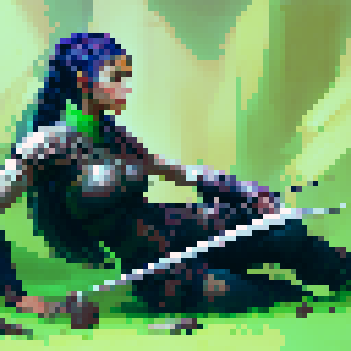 female warrior, vibrant green hair with braids, large sword, fantasy RPG